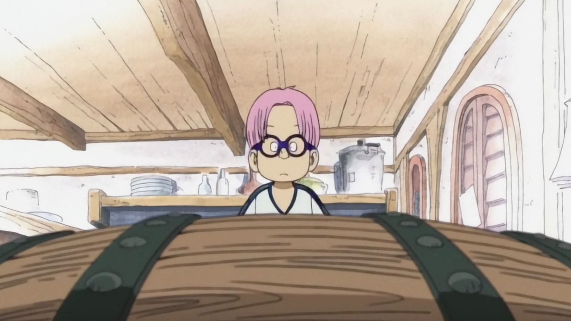 Koby finds Luffy in a barrel in the One Piece anime (Image via Toei Animation)
